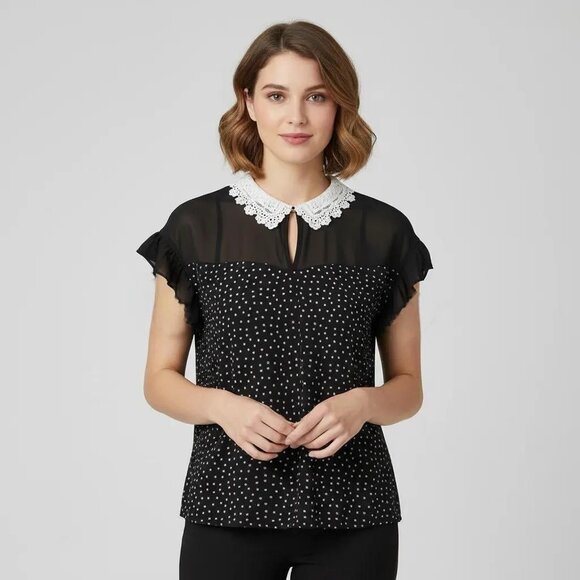 Faith and Joy Tops - Faith And Joy Women's Black Polka Dot Eyelet Lace Collar Blouse Size Medium